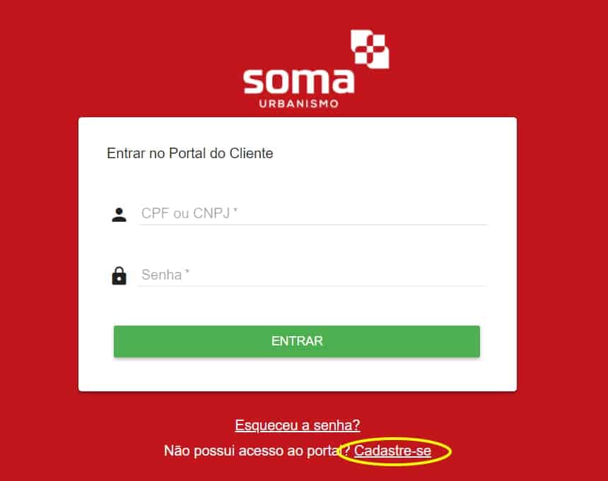 Tela de Login Portal do Cliente Soma Urbanismo