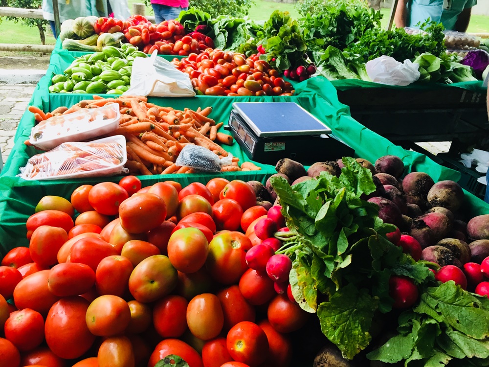 Foto de uma banca de legumes e frutas para ilustrar o post sobre cultivo de produtos agrícolas do blog da Soma Urbanismo. 