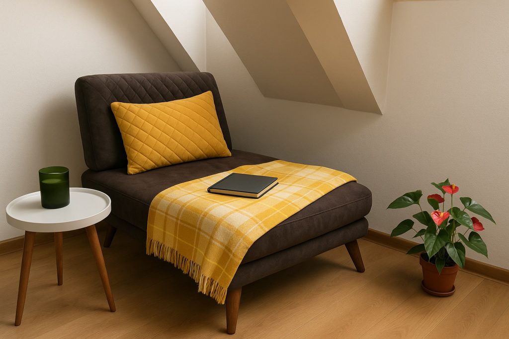 Canto aconchegante com poltrona marrom, almofada e manta amarelas, caderno sobre o assento, mesa lateral branca com vela verde e vaso com flor vermelha ao lado. Imagem ilustrativa para post sobre decoração de outono, do blog da Soma Urbanismo.
