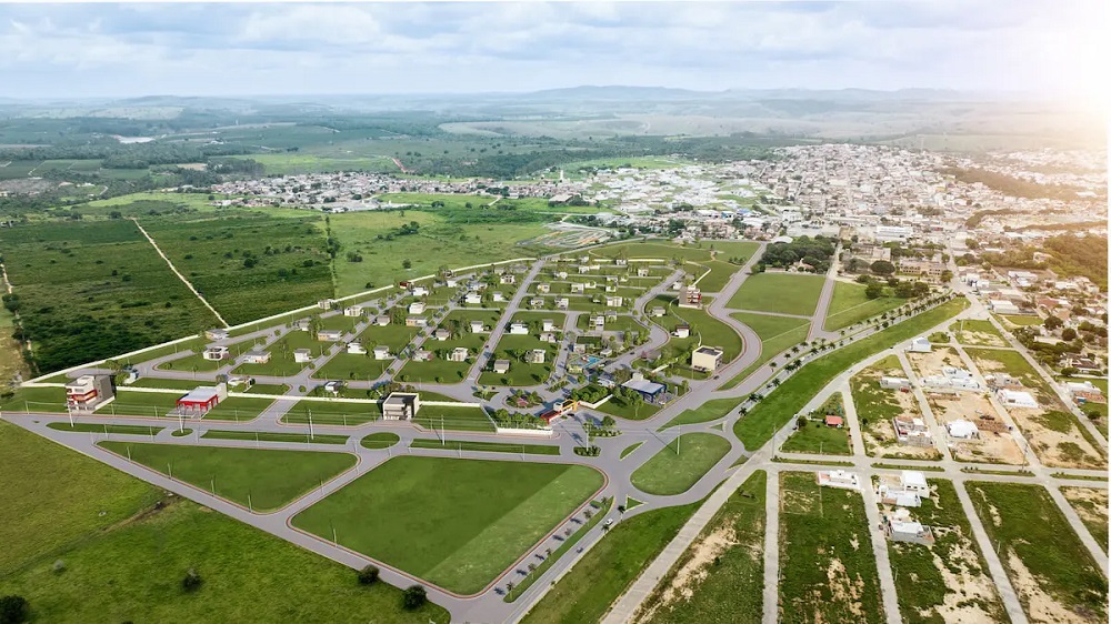Imagem perspectiva aérea do Residencial Reserva Privilege, em Nova Venécia. Imagem ilustrativa para post "Descubra Nova Venécia", do blog da Soma Urbanismo.
