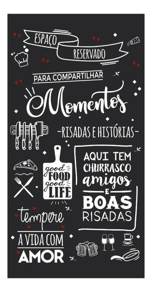 Arte em lousa com frases sobre churrasco e amizade, ilustrações de utensílios, corações e bebidas em branco sobre fundo preto.