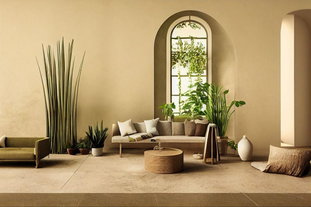 Sala de estar minimalista em tons terrosos com sofá baixo curvo cheio de almofadas neutras, mesa de centro redonda de corda, muitas plantas altas ao redor e uma janela arqueada ao fundo deixando entrar luz natural suave.