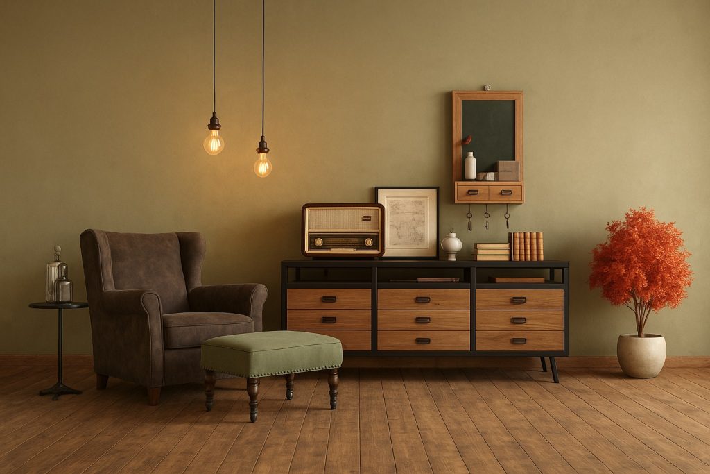 Sala de estar com decoração vintage, poltrona marrom, rádio antigo, gaveteiro de madeira e planta ornamental.