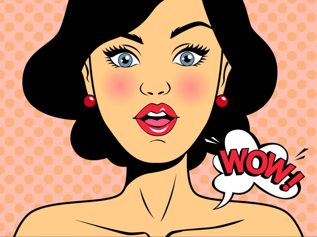 Ilustração pop art de mulher surpresa, fundo de bolinhas laranja e balão com a palavra “WOW!”.
