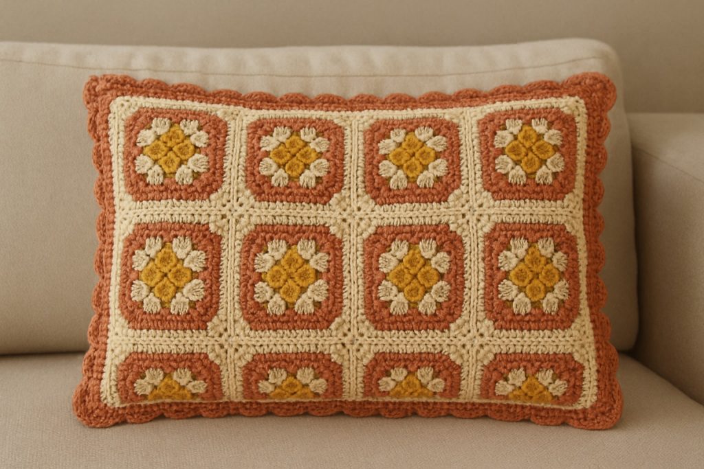 Almofada de crochê nas cores bege, amarelo e laranja sobre sofá bege, estilo retrô.