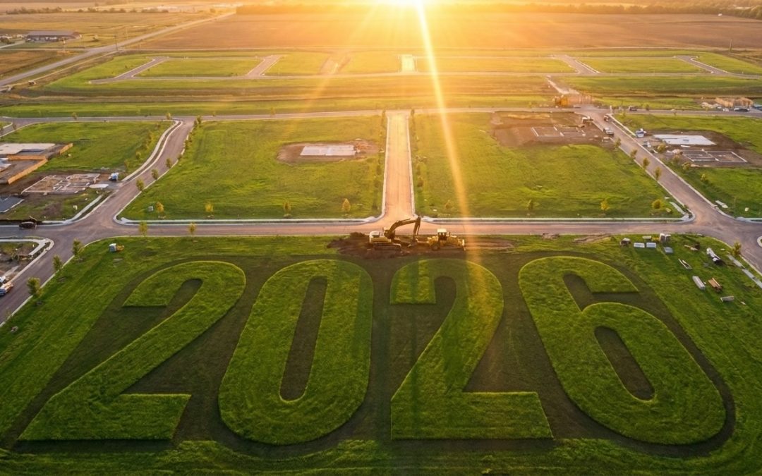 Desenho de 2026 em loteamento ao pôr do sol.