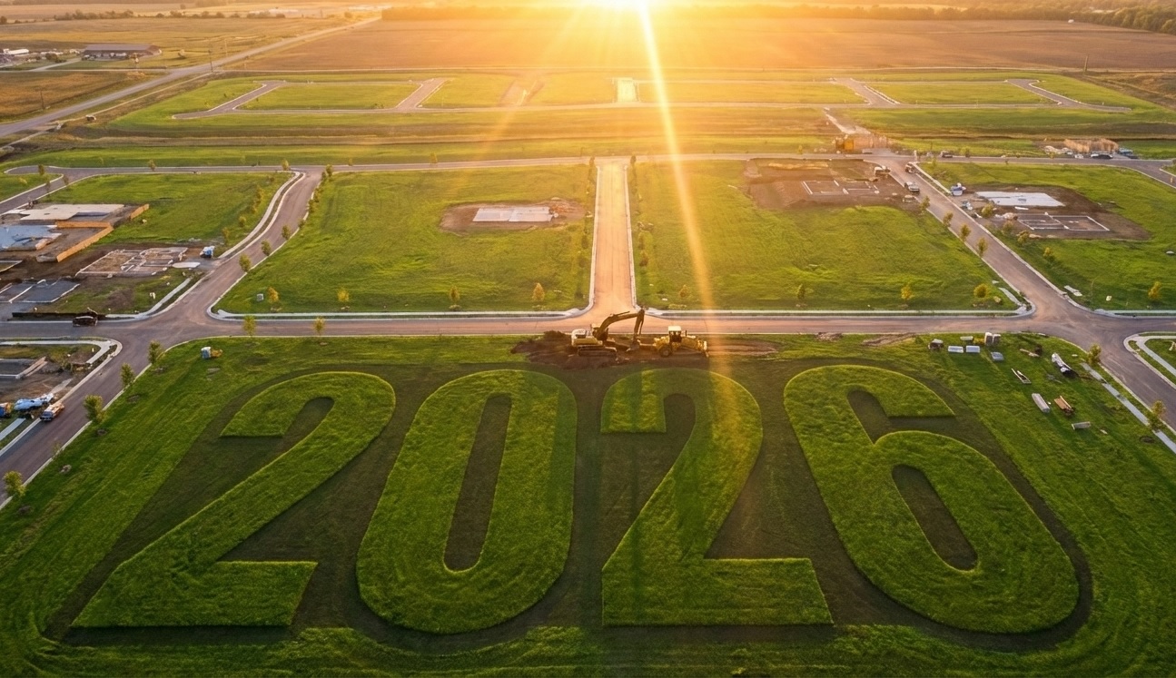 Desenho de 2026 em loteamento ao pôr do sol.