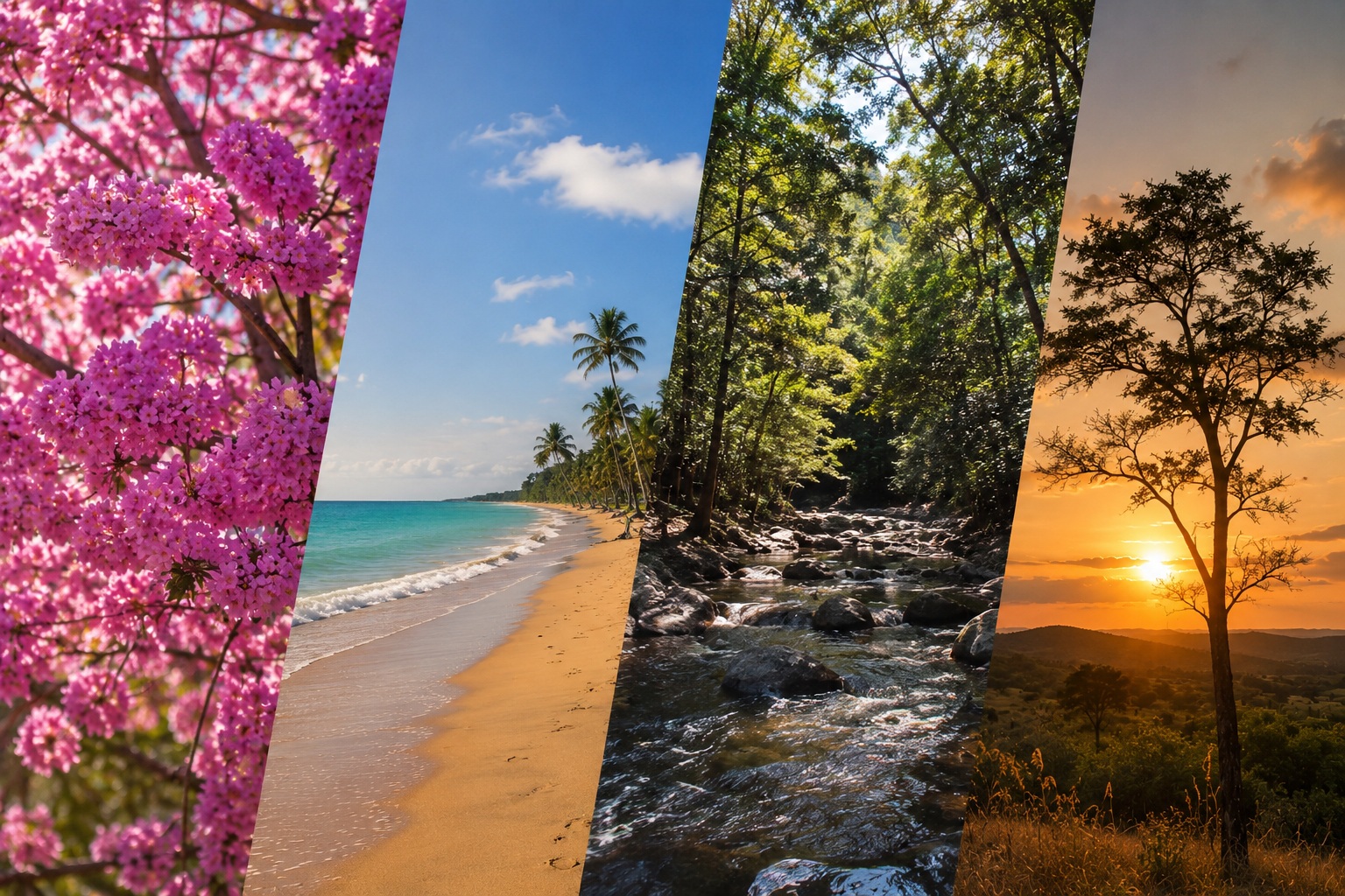ontagem com quatro paisagens que representam as estações do ano: árvore florida na primavera, praia ensolarada no verão, riacho em meio à mata no outono e pôr do sol em paisagem campestre no inverno, destacando a influência do clima na escolha de um imóvel.