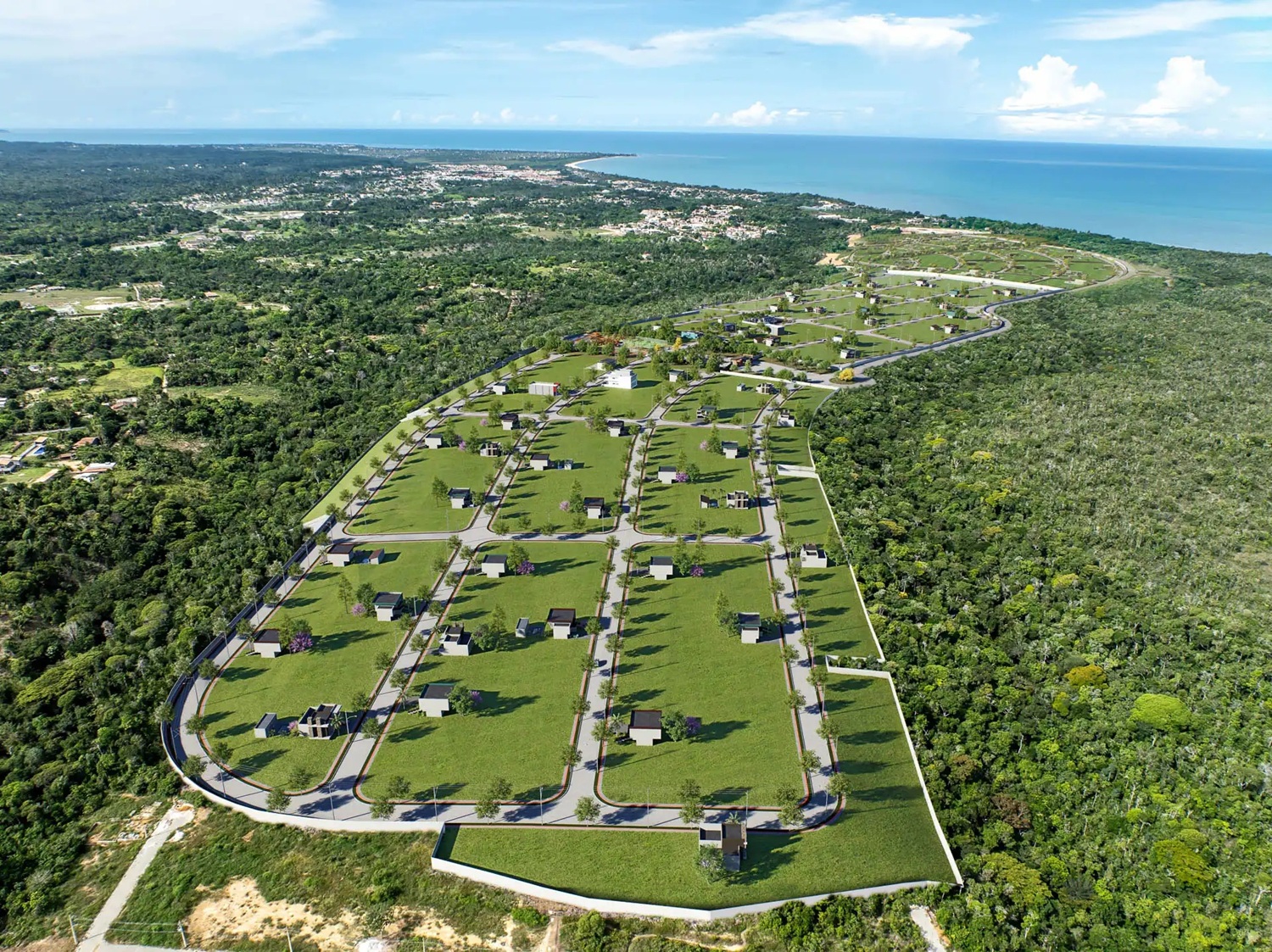 Visão aérea do Golden Mundaí II, da Soma Urbanismo, ilustra post sobre o que observar antes de investir em um lote.