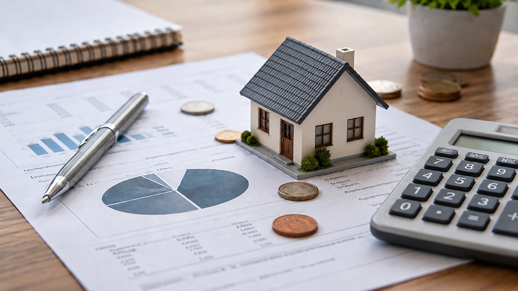 Miniatura de casa sobre relatório financeiro com gráficos, ao lado de calculadora, caneta e moedas, representando o planejamento da compra de um lote.